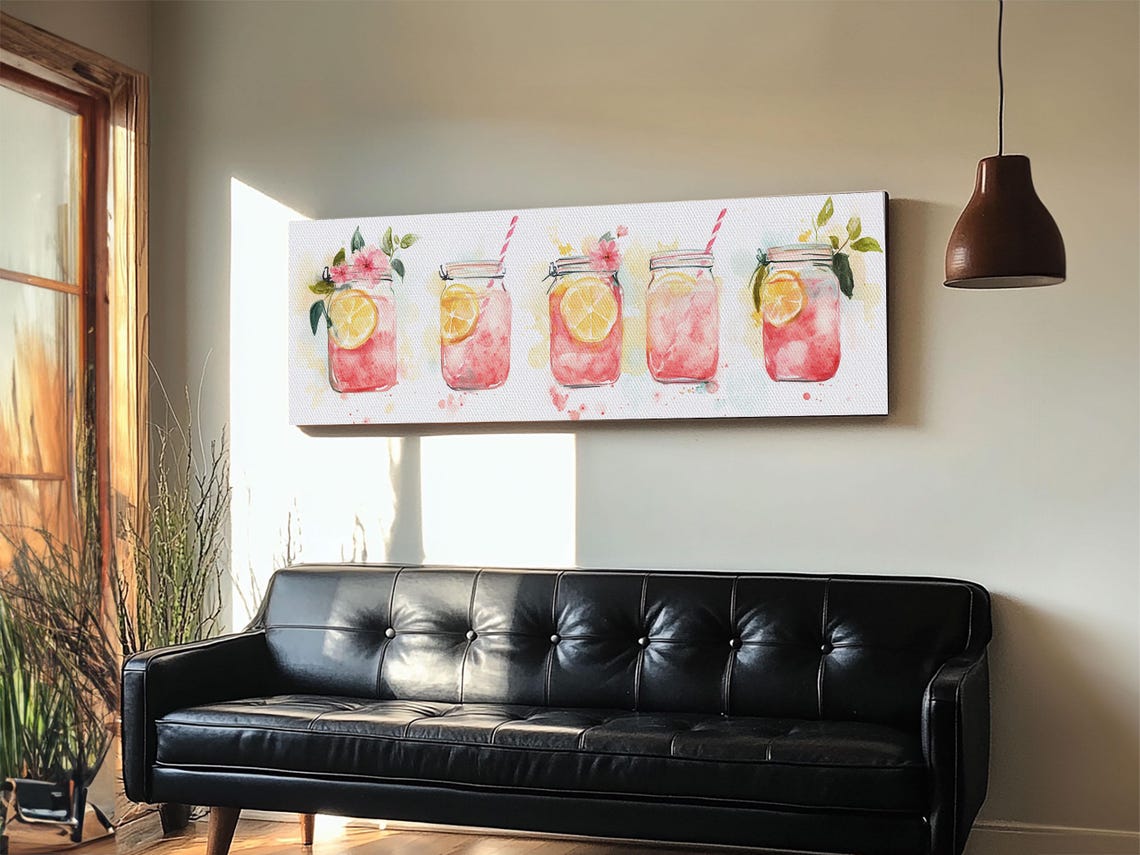 Pink Lemonade Mason Jars Row Watercolor Kitchen Panoramic Art Poster - Image 4