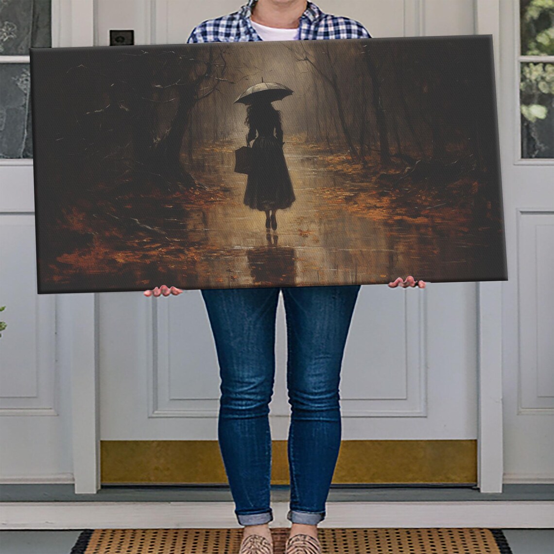 Witch Walking in Rain Autumn Forest Umbrella Dark Oil Painting Poster - Image 4