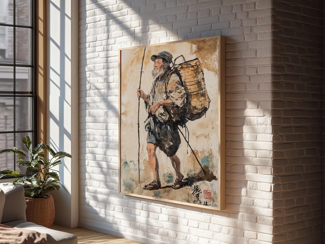 Japanese Fisherman Painting Print Wabi Sabi Wall Art Japanese Style Home Decor Japanese Wood Block Print Style Art