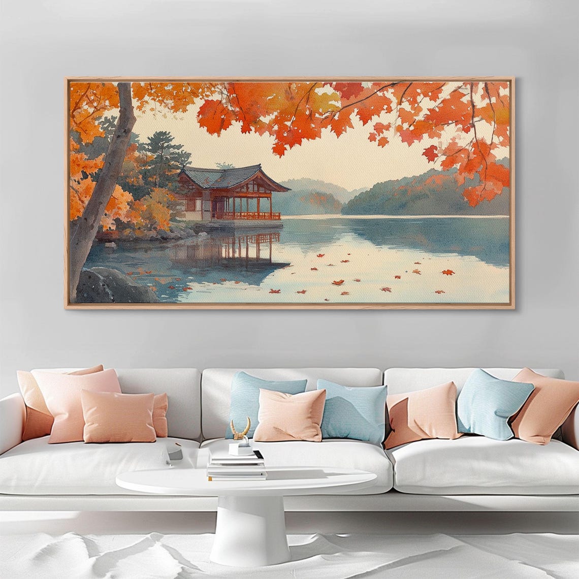 Autumn Japanese Lake House Red Maple Trees Watercolor View Poster