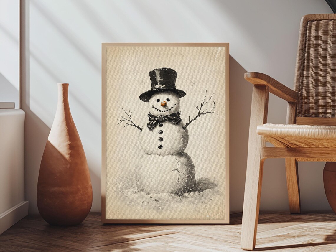 Retro Snowman With Top Hat and Bow Tie Vintage Winter Sketch Poster - Image 3