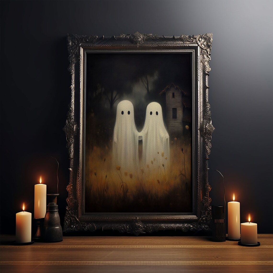 Cute Ghost Couple In Moonlit Farmhouse Field Vintage Halloween Print - Image 3
