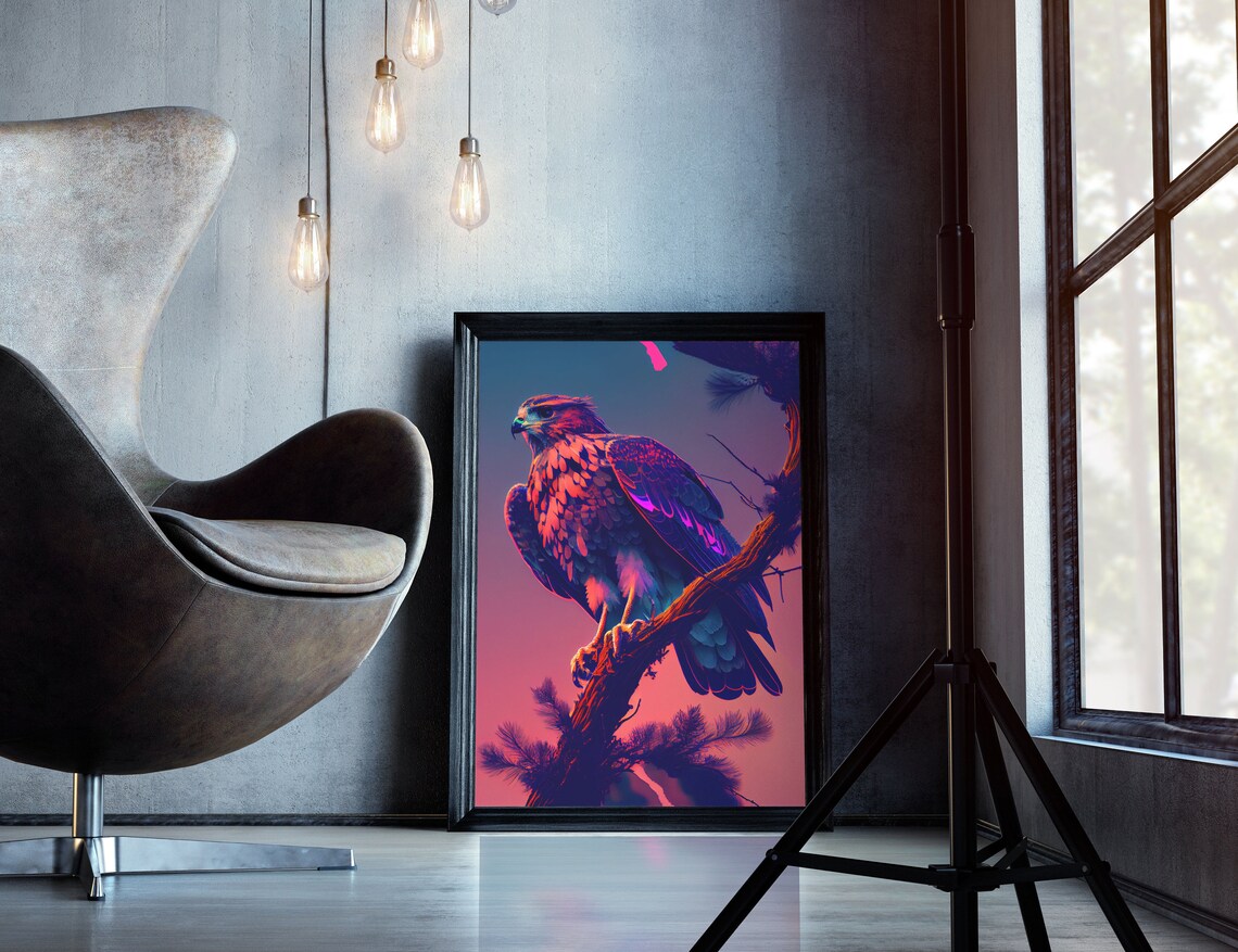 Hawk Perched on Branch, Purple Sunset Art Print - Image 5