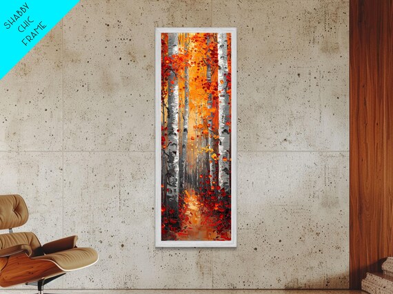 Fall Birch Tree Forest Framed Print Skinny Tall Wall Art Living Room Decor Landscape Painting Nature Decor