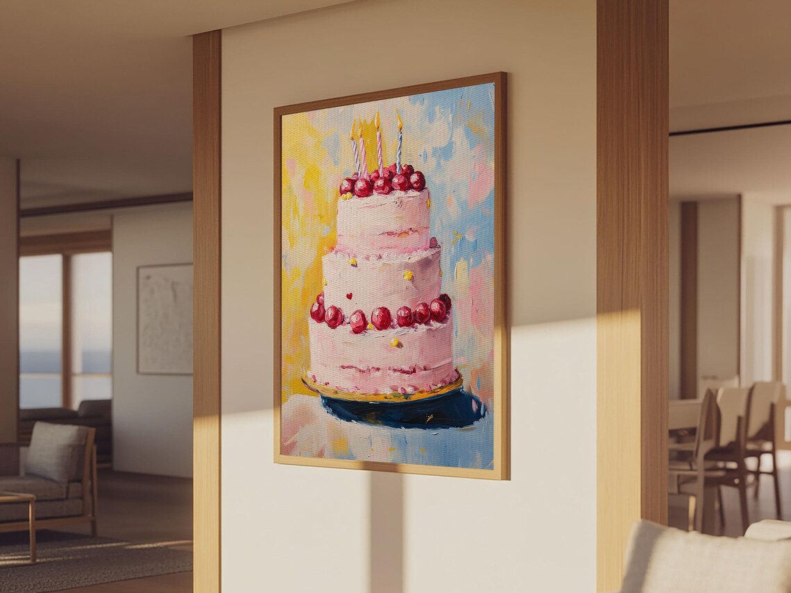 Cherry Birthday Cake With Lit Candles Colorful Oil Painting Poster - Image 2