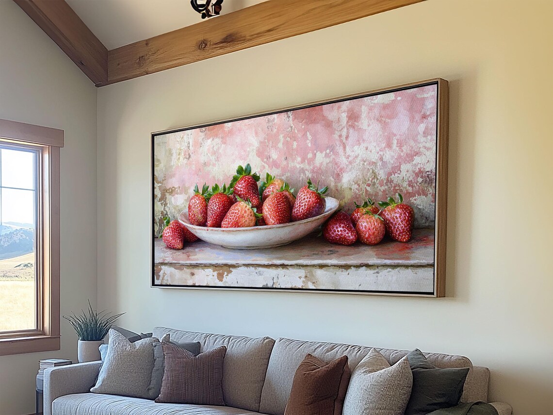 Fresh Strawberries In Bowl Rustic Pink Watercolor Kitchen Art Poster - Image 2