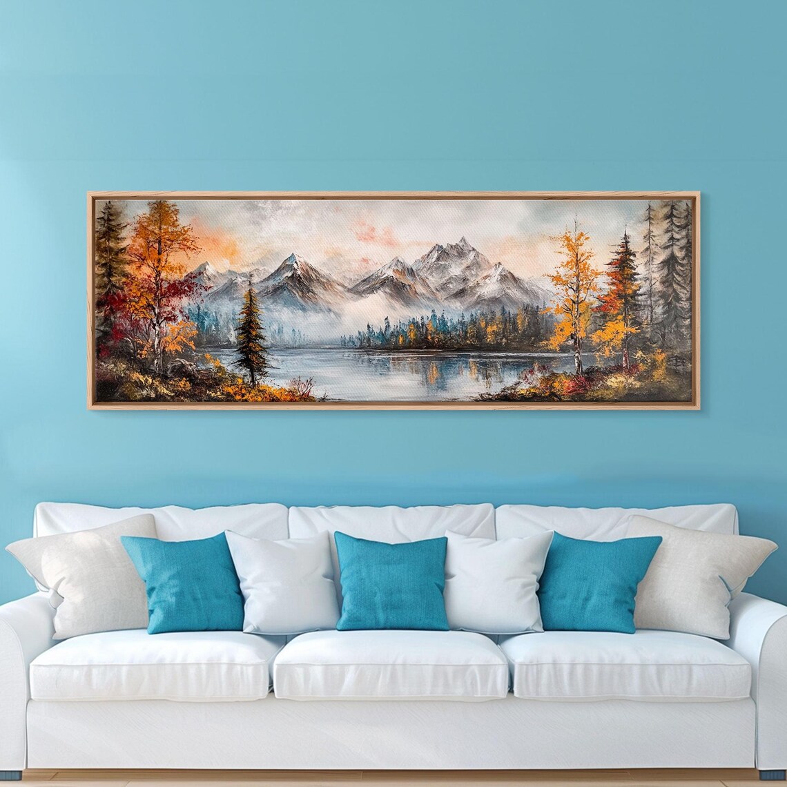 Autumn Mountain Lake With Snowy Peaks And Golden Pines Oil Poster - Image 6