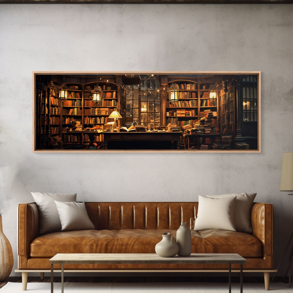 Cozy Old Library Interior Warm Lanterns Bookshelf Moody Wall Art