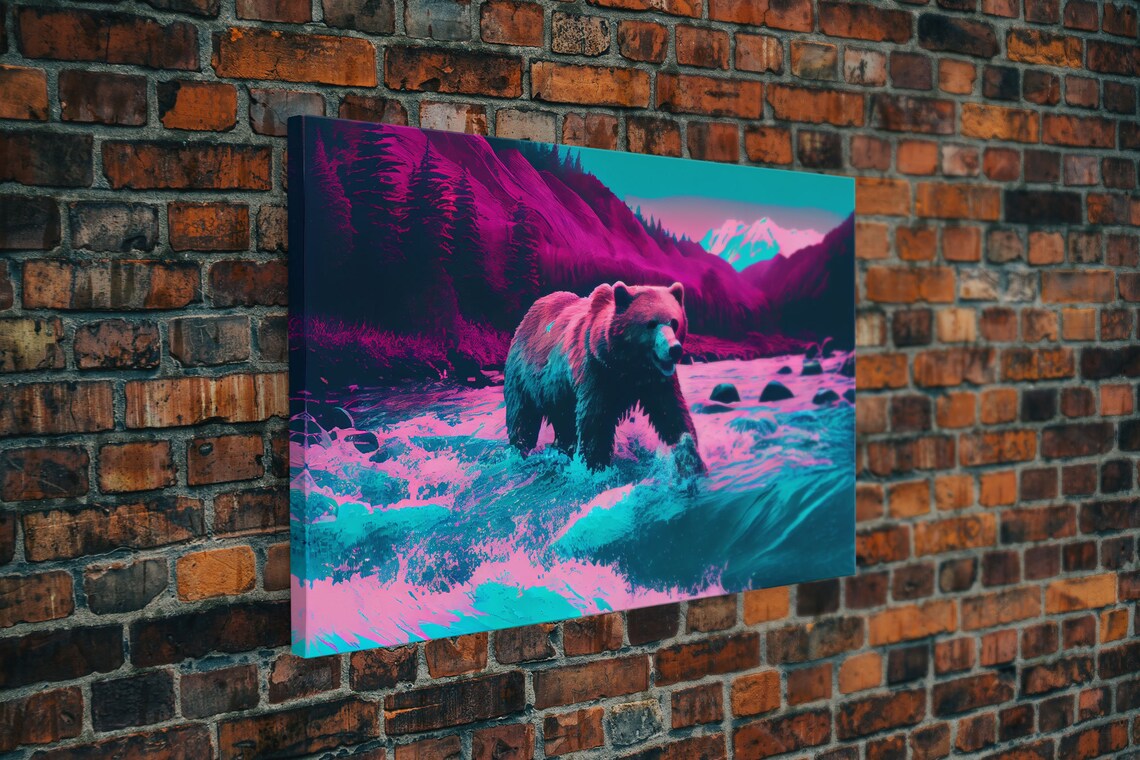 Grizzly Bear Crossing A River, Vaporwave Art Print - Image 5