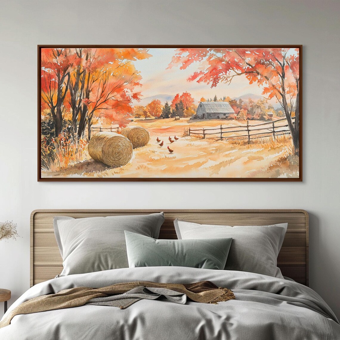 Autumn Farm Scene With Hay Bales Chickens And Old Barn Art Print