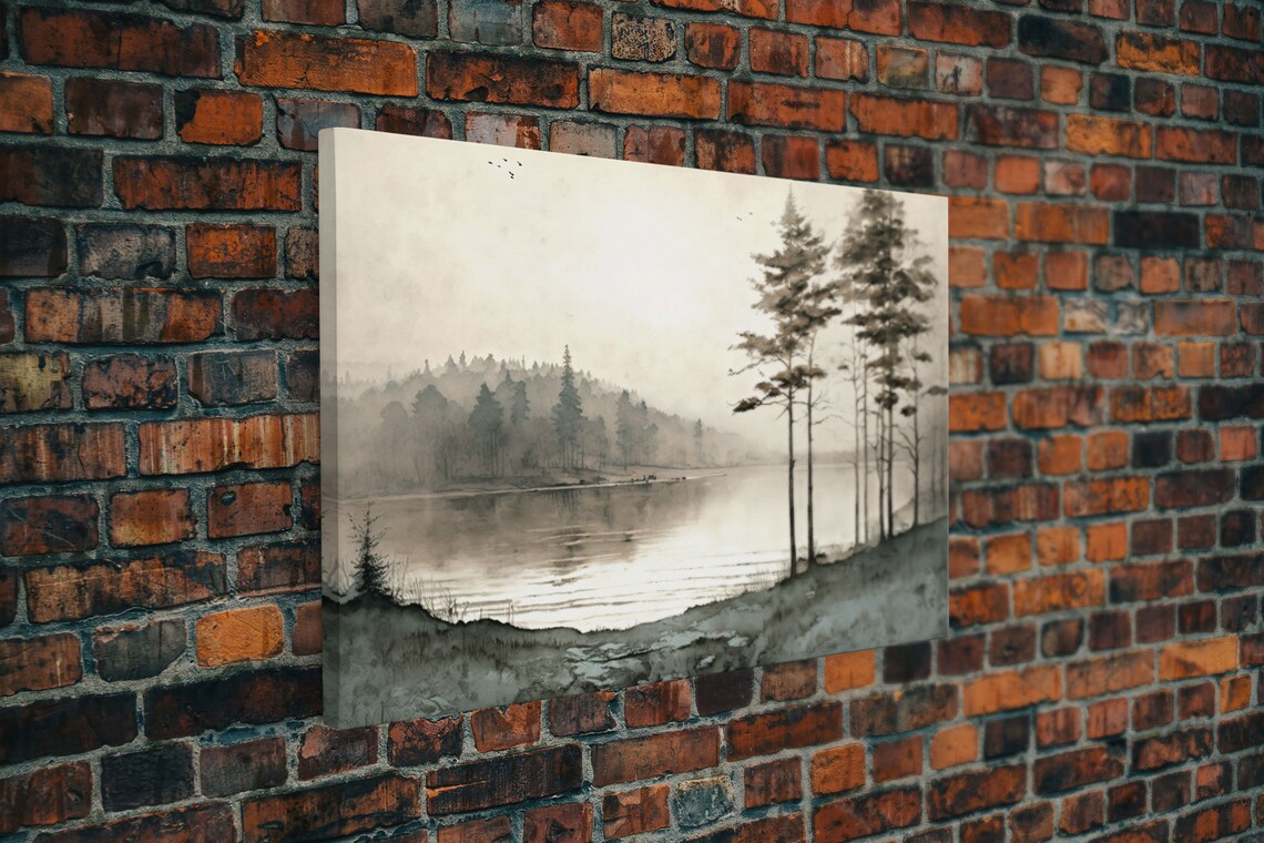 Pine Tree Vintage Landscape, Oil Painting Art Print - Image 4
