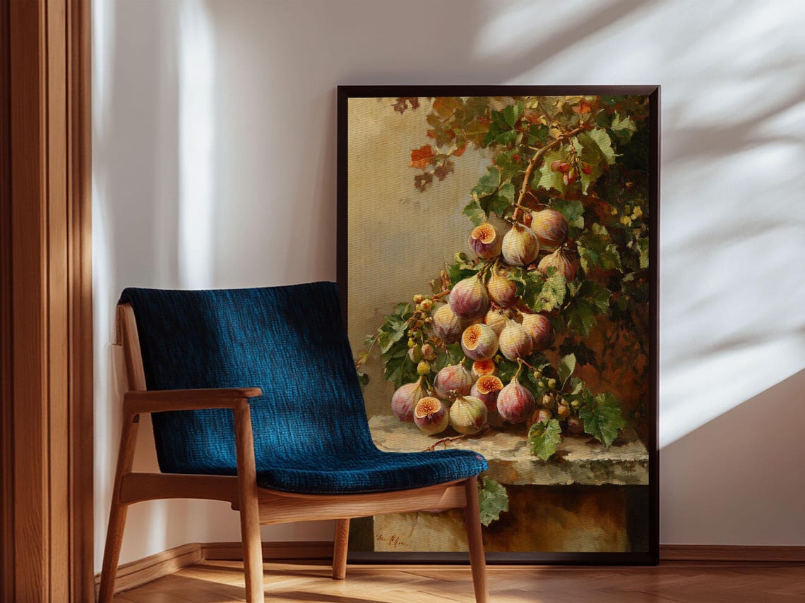 Ripe Figs on the Vine Still Life Oil Painting Kitchen Wall Art Print - Image 6