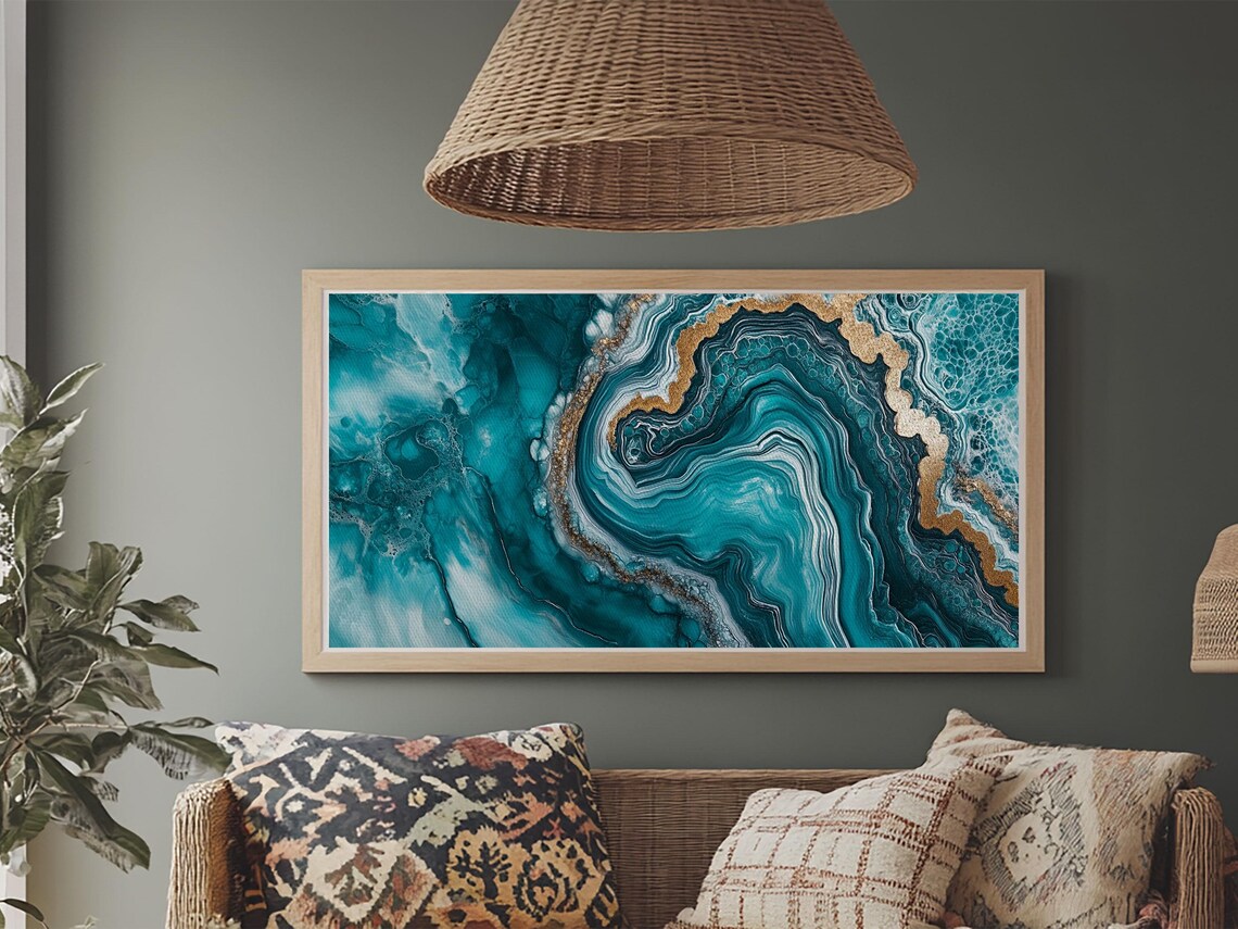 Turquoise Geode Inspired Abstract Coastal Art Print - Image 2