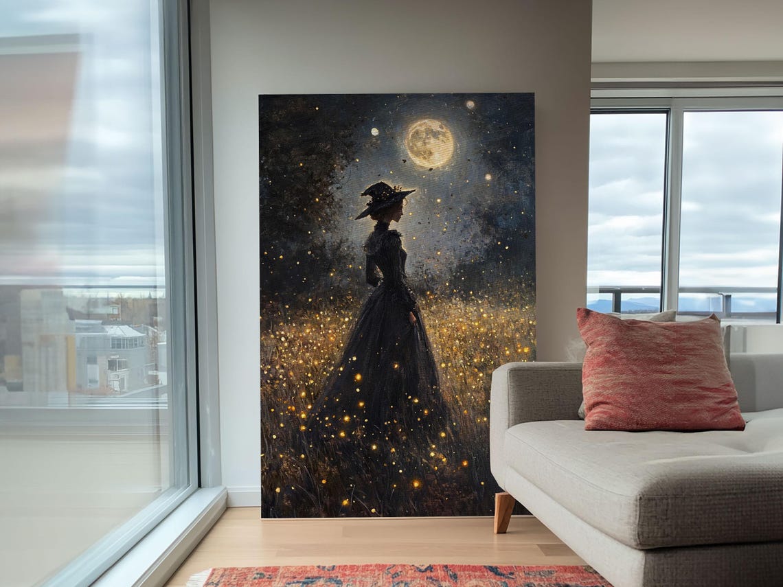 Witch Under Full Moon Firefly Field Dark Night Gothic Fantasy Wall Art - Image 3