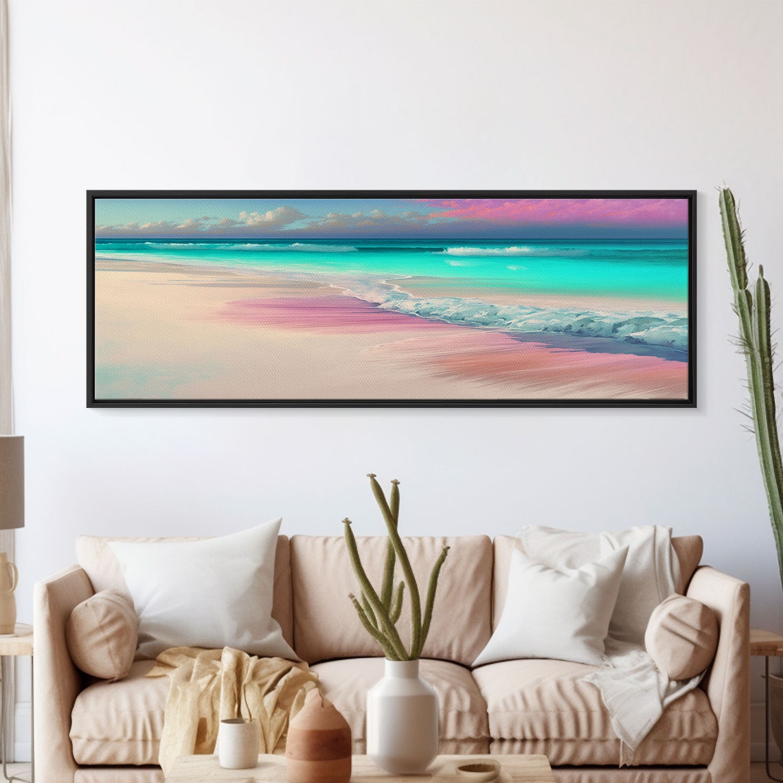 Panoramic Pastel Beach Sunset Pink Sand Turquoise Ocean Waves Poster - Image 5