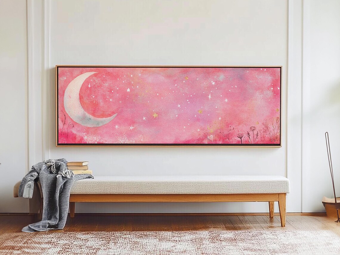 Pink Crescent Moon Starry Night Sky Watercolor Panoramic Dreamy Art Poster - Image 3