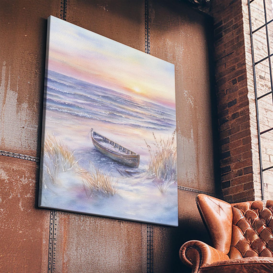 Abandoned Rowboat On Beach At Sunset Pastel Waves Coastal Poster - Image 3