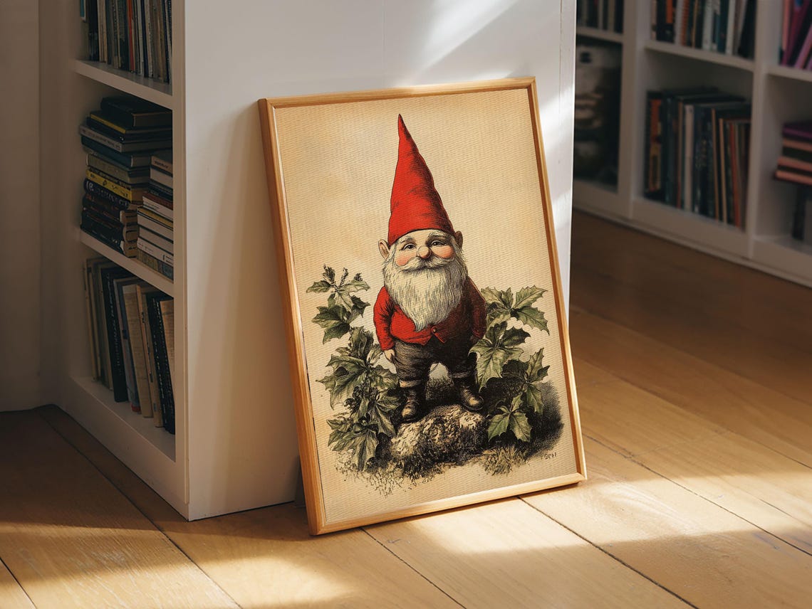Vintage Garden Gnome Red Hat Botanical Illustration Wall Art Poster - Image 3