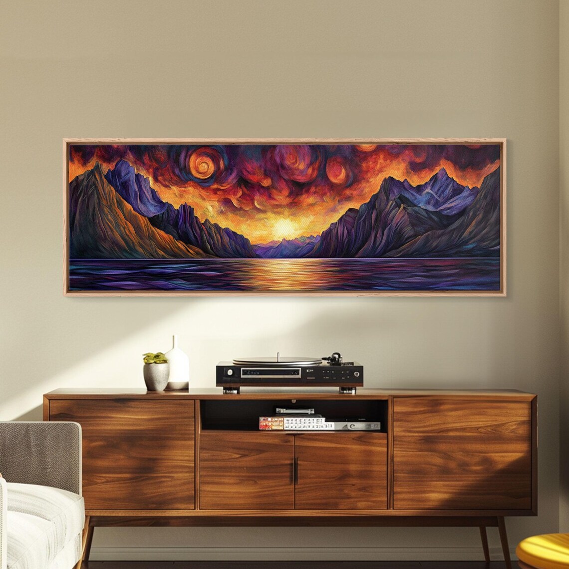 Fiery Sunset Over Dark Fjord Mountains Swirling Sky Fantasy Poster - Image 6