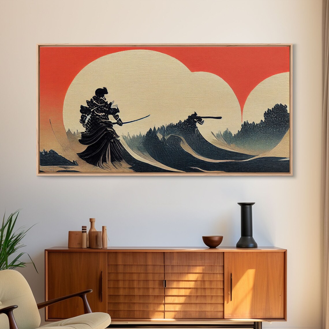 Japanese Samurai Fighting A Tidal Wave Ready To Hang Print Wall Art Framed Wall Art Mancave Decor