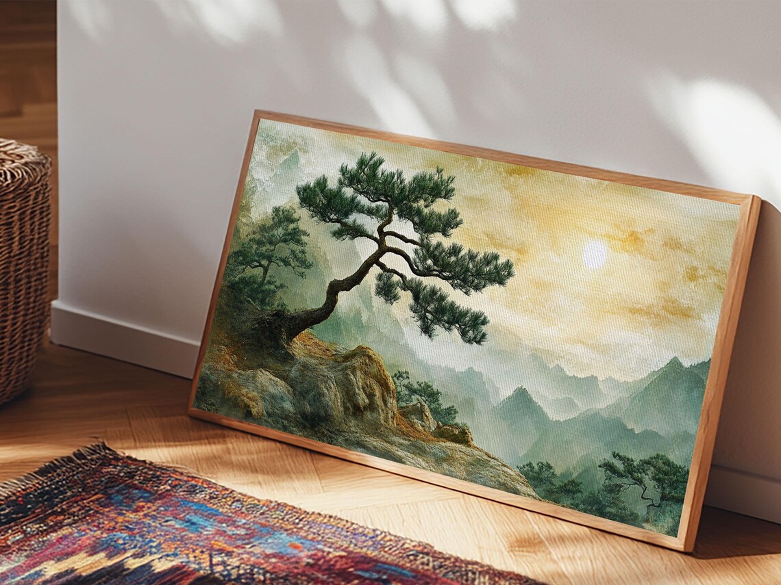 Pine Tree Mountain Sunset Misty Valley Zen Nature Landscape Wall Art Poster - Image 3