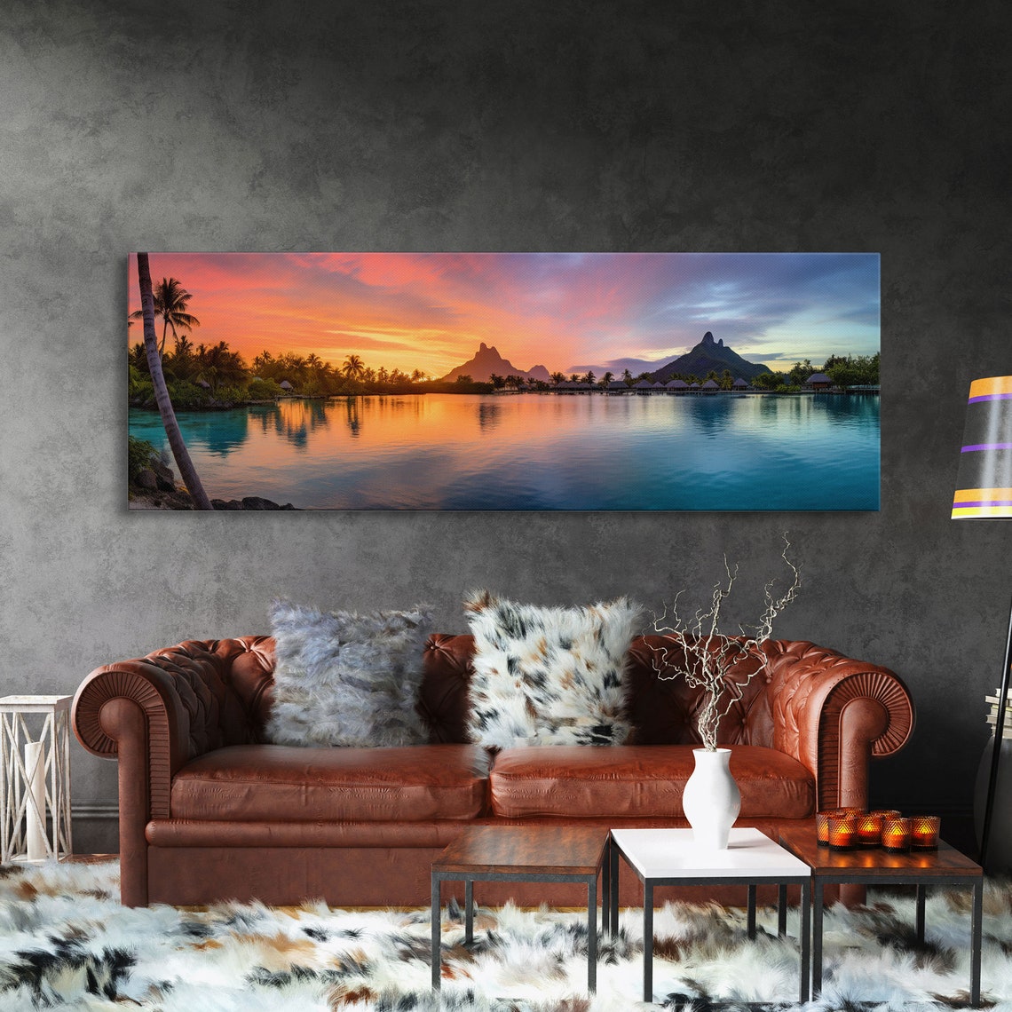 Bora Bora Pink Sunset Lagoon Palm Leaning Reflection Beach Poster - Image 3