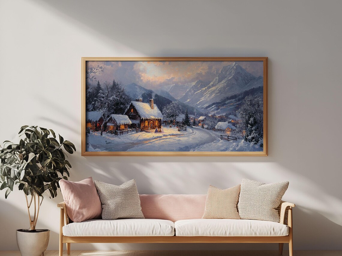 Christmas Mountain Village Oil Painting Print Framed Retro Christmas Christmas Mountain Landscape Painting Christmas Art - Image 5