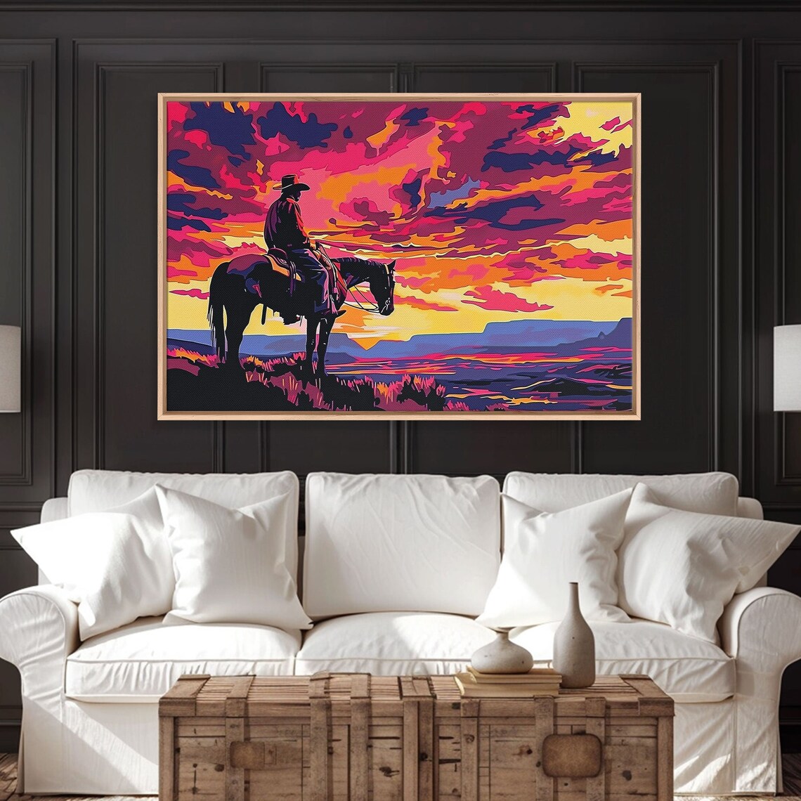 Wild West Cowboy at Sunset Neon Pop Art Horse Silhouette Art Poster - Image 6