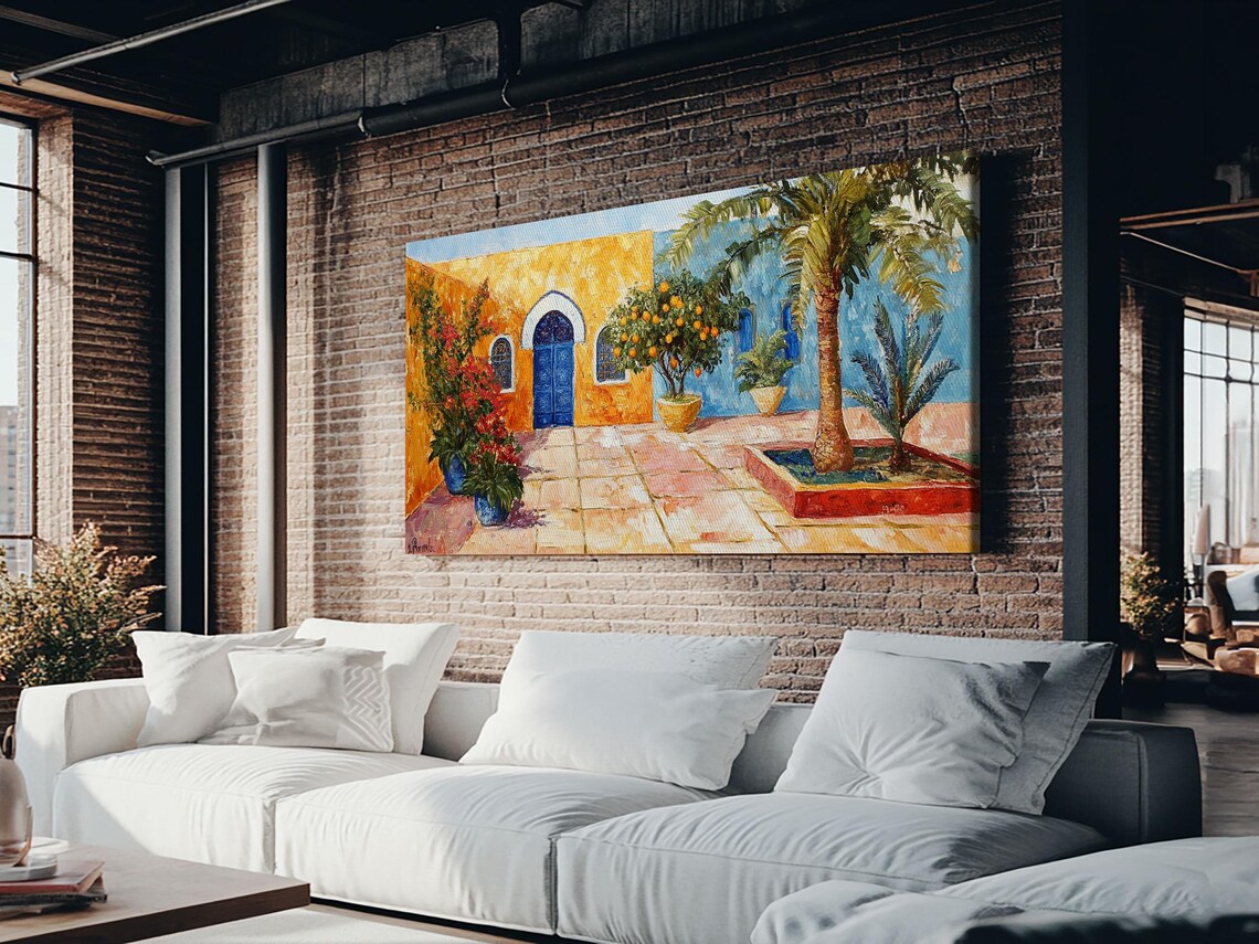 Colorful Mexican Courtyard Painting Blue Door Orange Blossoms Wall Art Print - Image 5