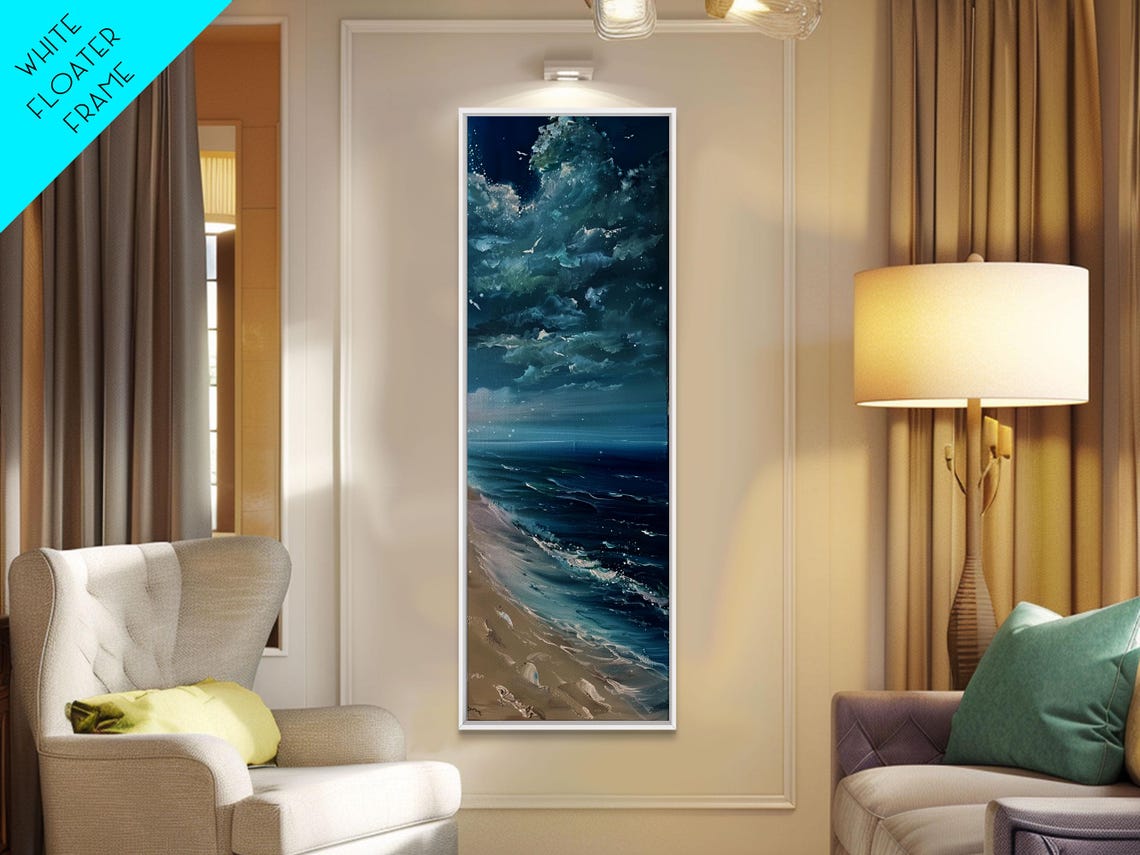 Moonlit Ocean Waves On Sandy Beach At Night Deep Blue Seascape Poster - Image 2
