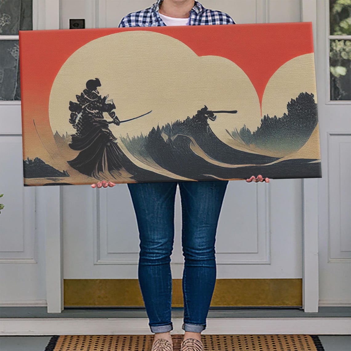 Samurai Facing Giant Wave Under Blood Red Sun Japanese Art Poster - Image 4