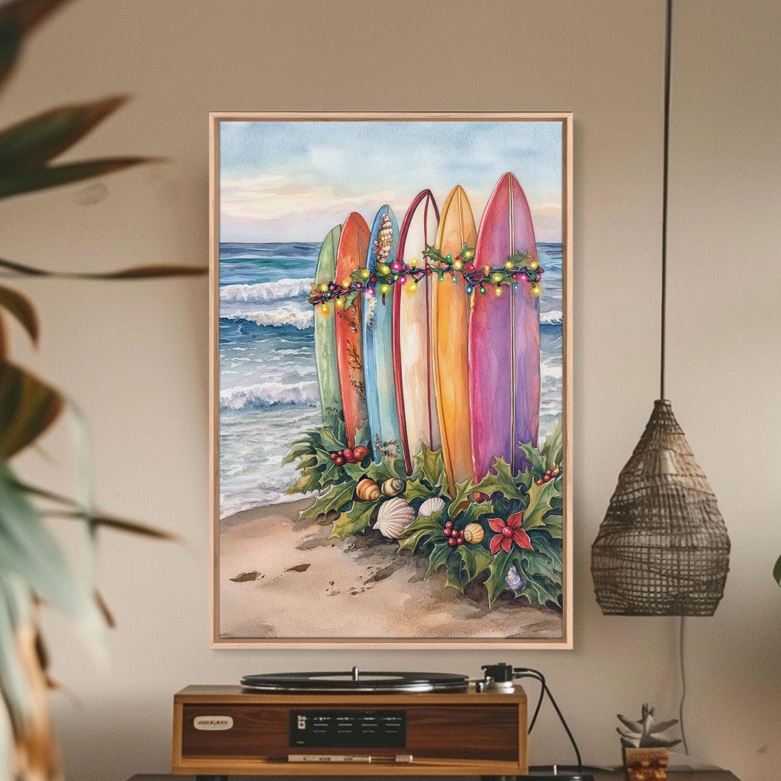 Christmas Surfboard Beach Tropical Holiday Lights Watercolor Wall Art - Image 2