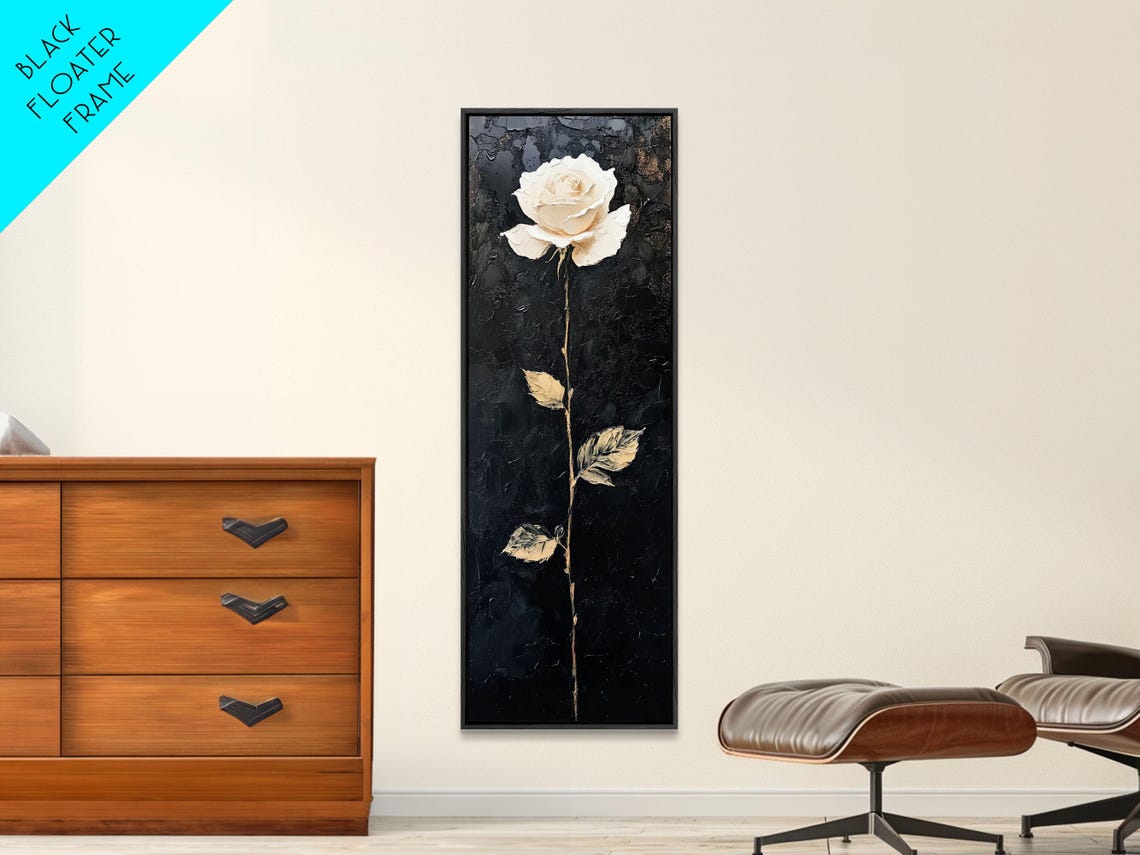 Elegant White Rose On Black Dramatic Botanical Oil Painting Poster