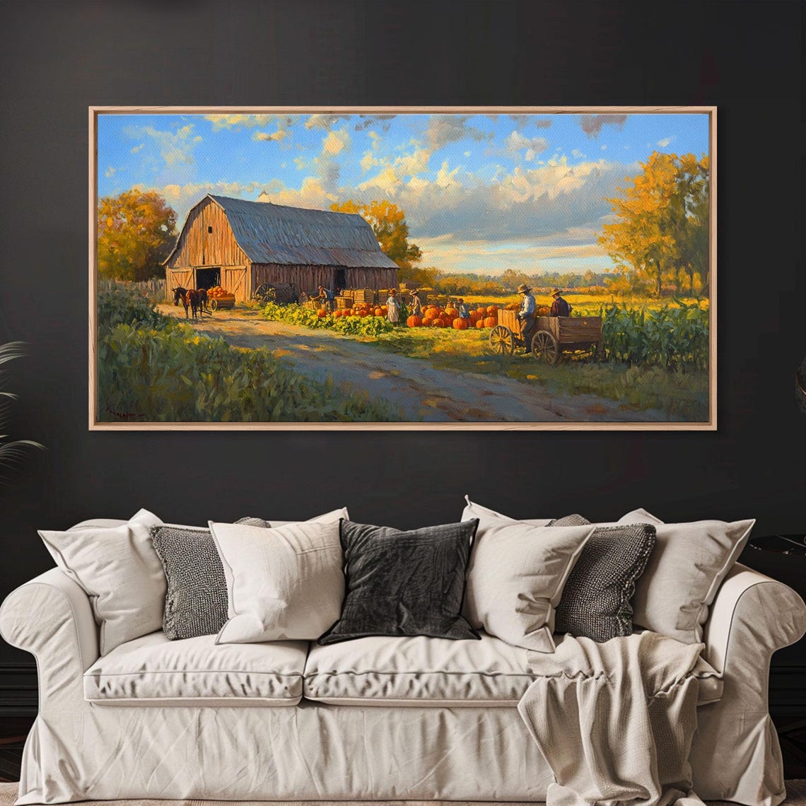 Autumn Barn Pumpkin Harvest Scene Horse Wagon Golden Fields Fall Print - Image 4
