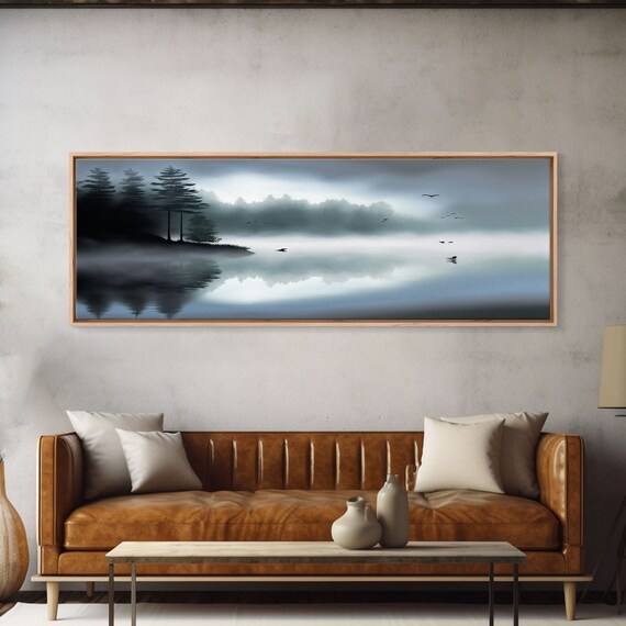Pacific Northwest Lake Pine Tree Forest Foggy Watercolor Print Framed Panoramic Wall Art Home Decor