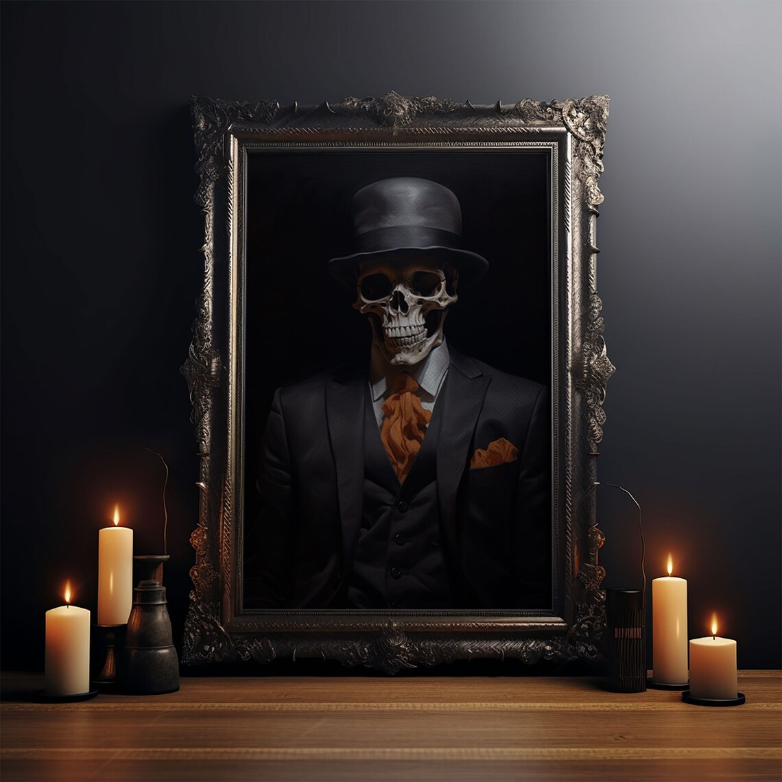 Spooky Skeleton Businessman Bowler Hat Tie Halloween Gothic Art Print - Image 3