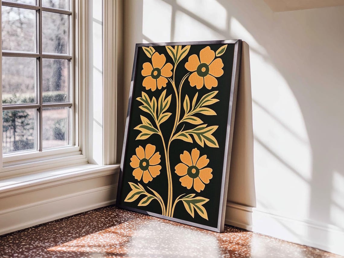Folk Art Orange Poppy Flowers Black Retro Botanical Wall Poster - Image 2