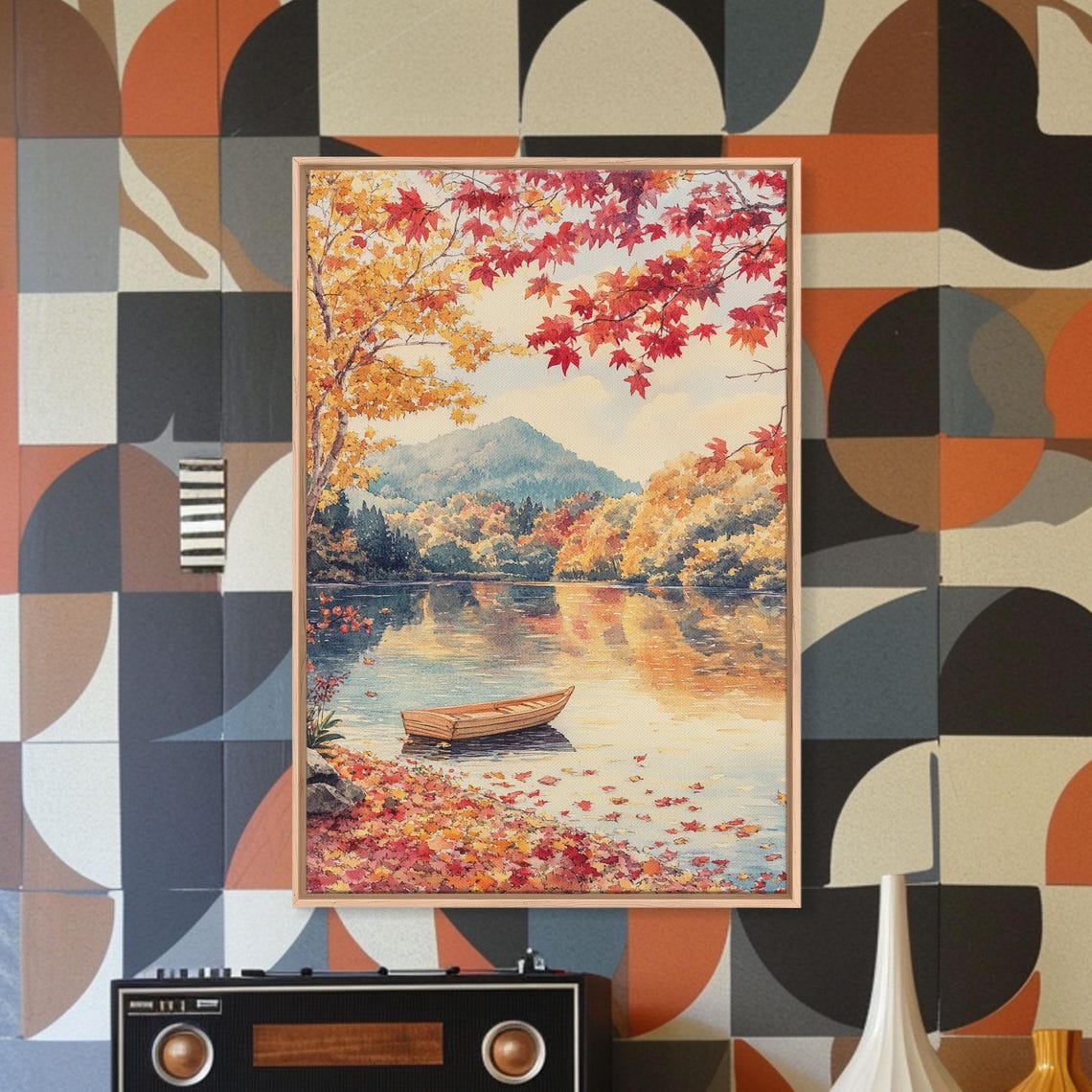 Autumn Canoe On Serene Fall Lake Maple Leaves Mountain Poster - Image 4