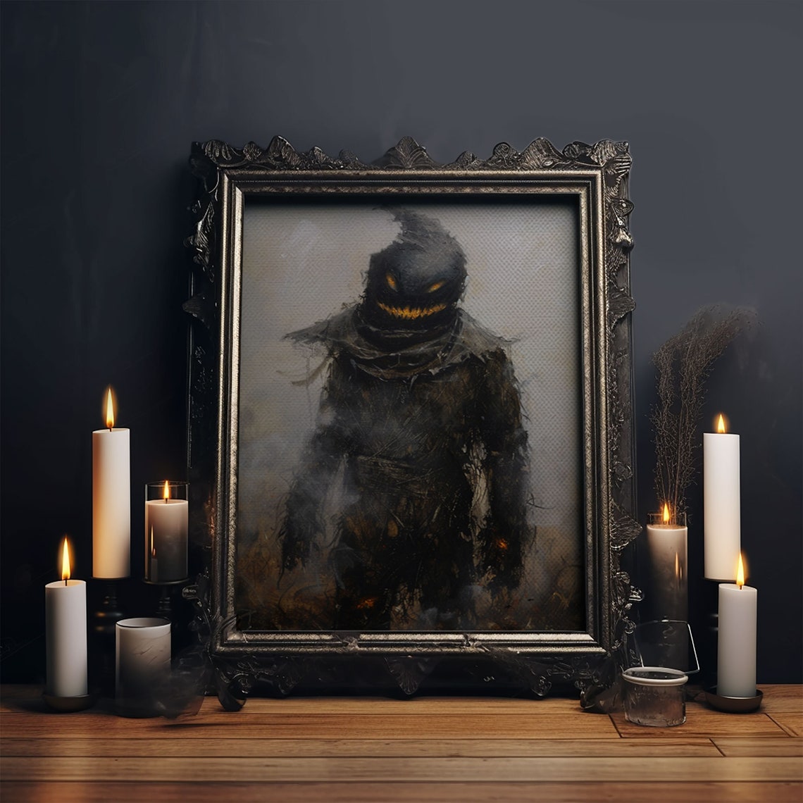 Scarecrow With Glowing Eyes In Dark Misty Field Spooky Art Poster - Image 6