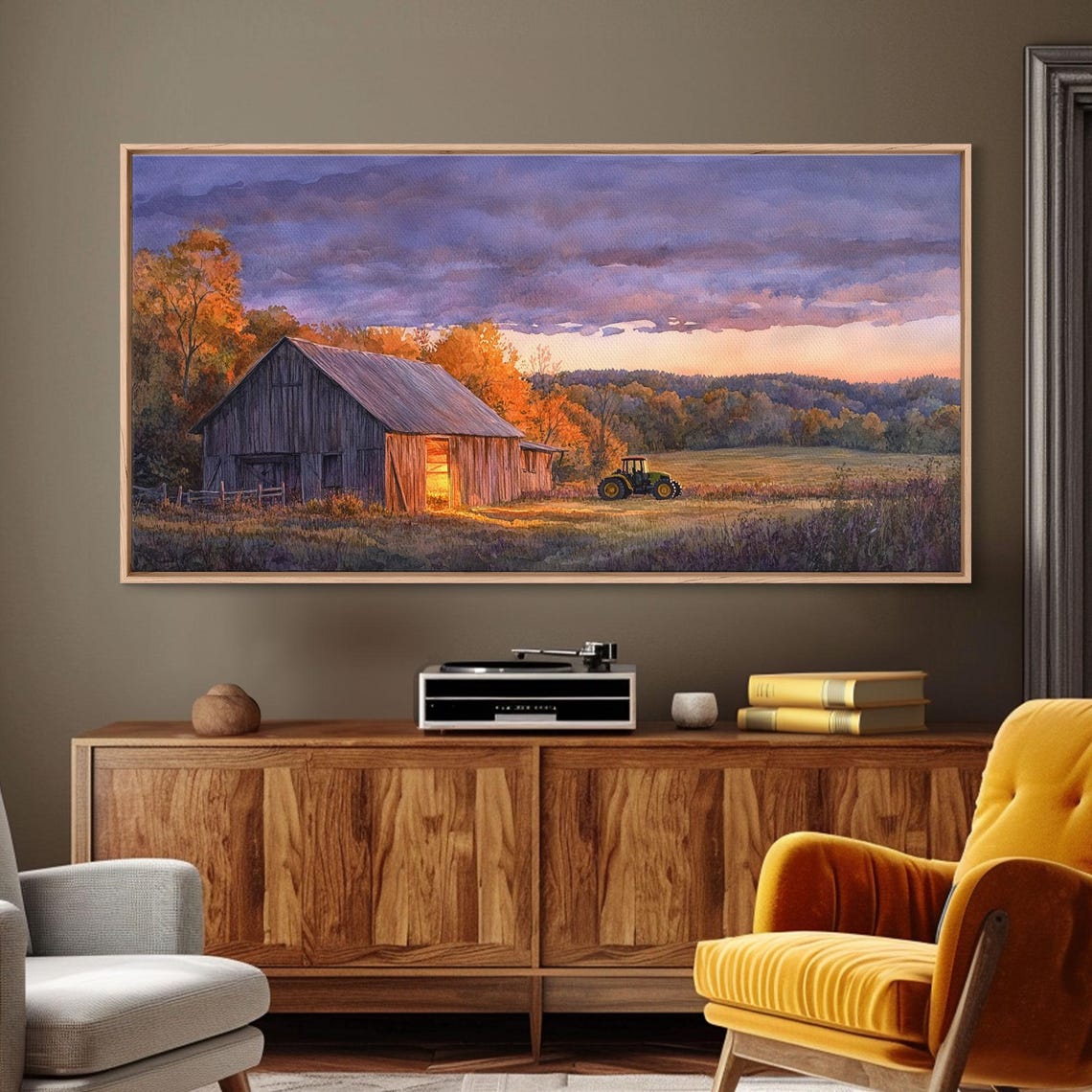 Rustic Barn At Dusk With Tractor Purple Sunset Sky Art Print - Image 6