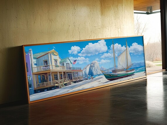 Maine Coastal Town Sailboat Harbor Panoramic Seascape Painting Poster