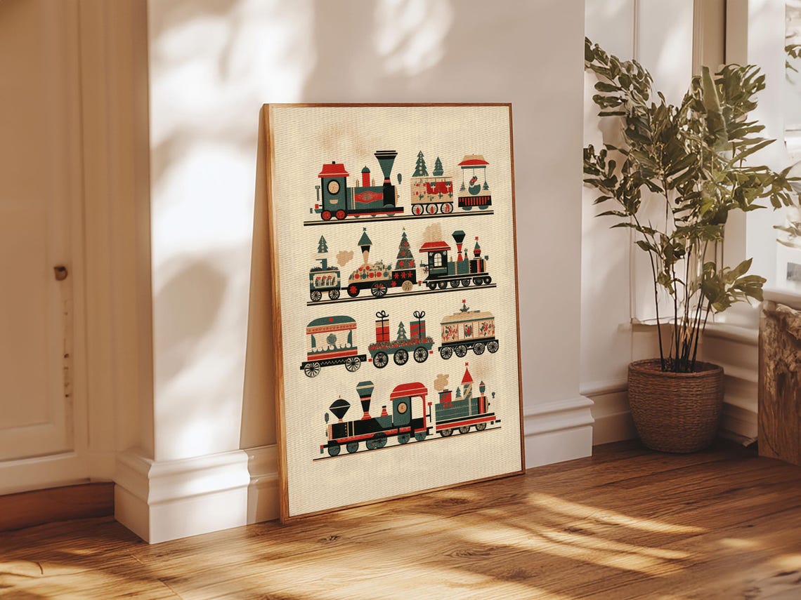 Retro Christmas Train Illustration Art Print Vintage Holiday Wall Decor - Image 3