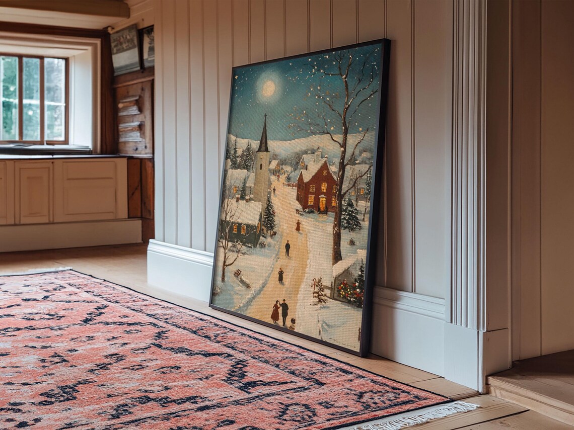Full Moon Christmas Eve Village Church Snowy Night Painting Poster - Image 2