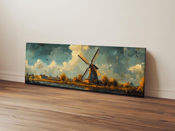 Autumn Windmill Scene Framed Print Rustic Fall Farmhouse Art Moody Living Room Wall Art Horizontal Panoramic Decor Gift Idea