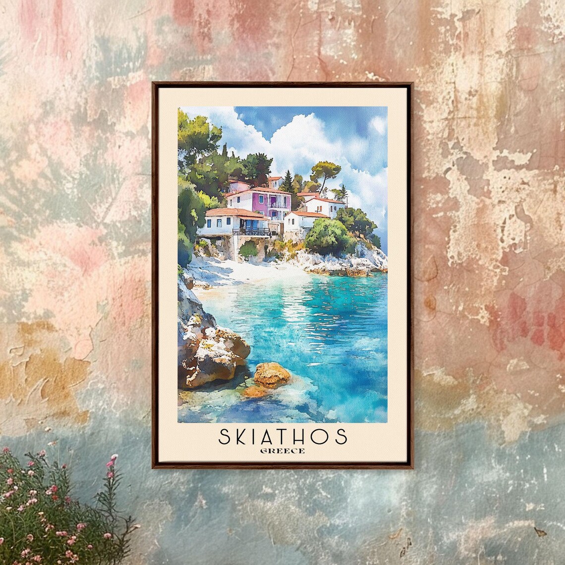 Skiathos Greece Colorful Hillside Village Turquoise Cove Watercolor Poster - Image 4