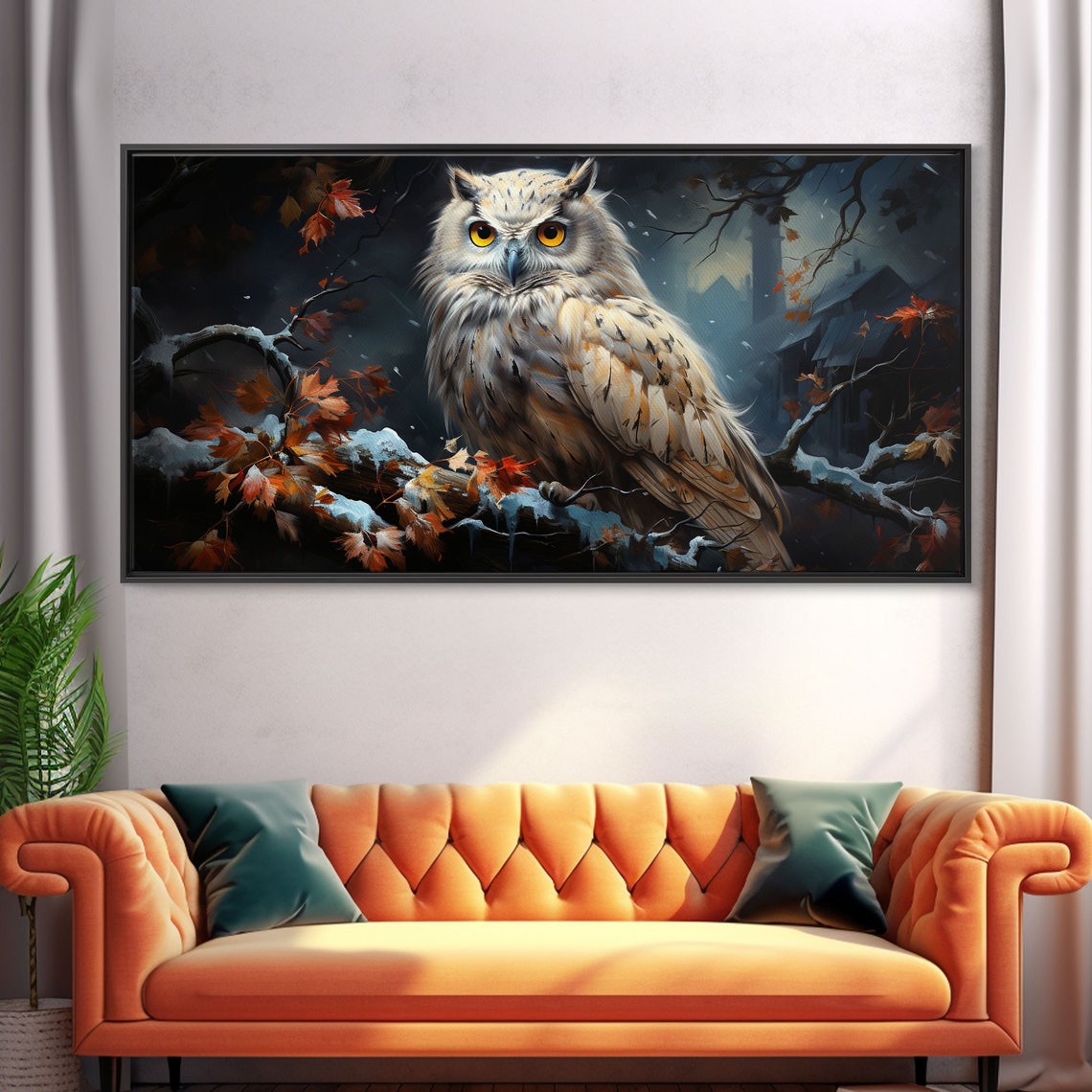 Snowy Owl On Winter Branch Autumn Leaves Night Forest Poster - Image 5