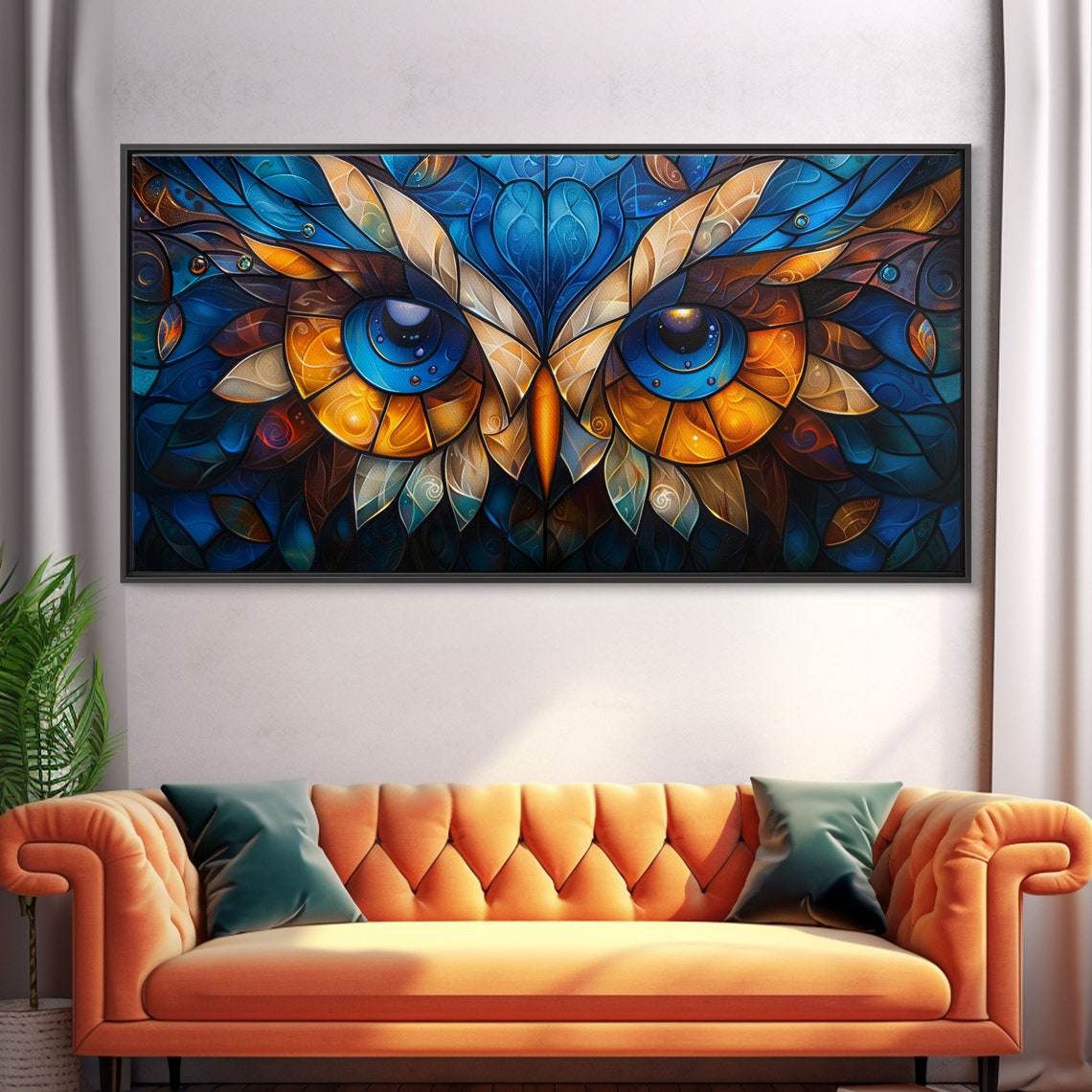 Stained Glass Owl Eyes Close Up Blue Gold Mosaic Face Art Poster - Image 5
