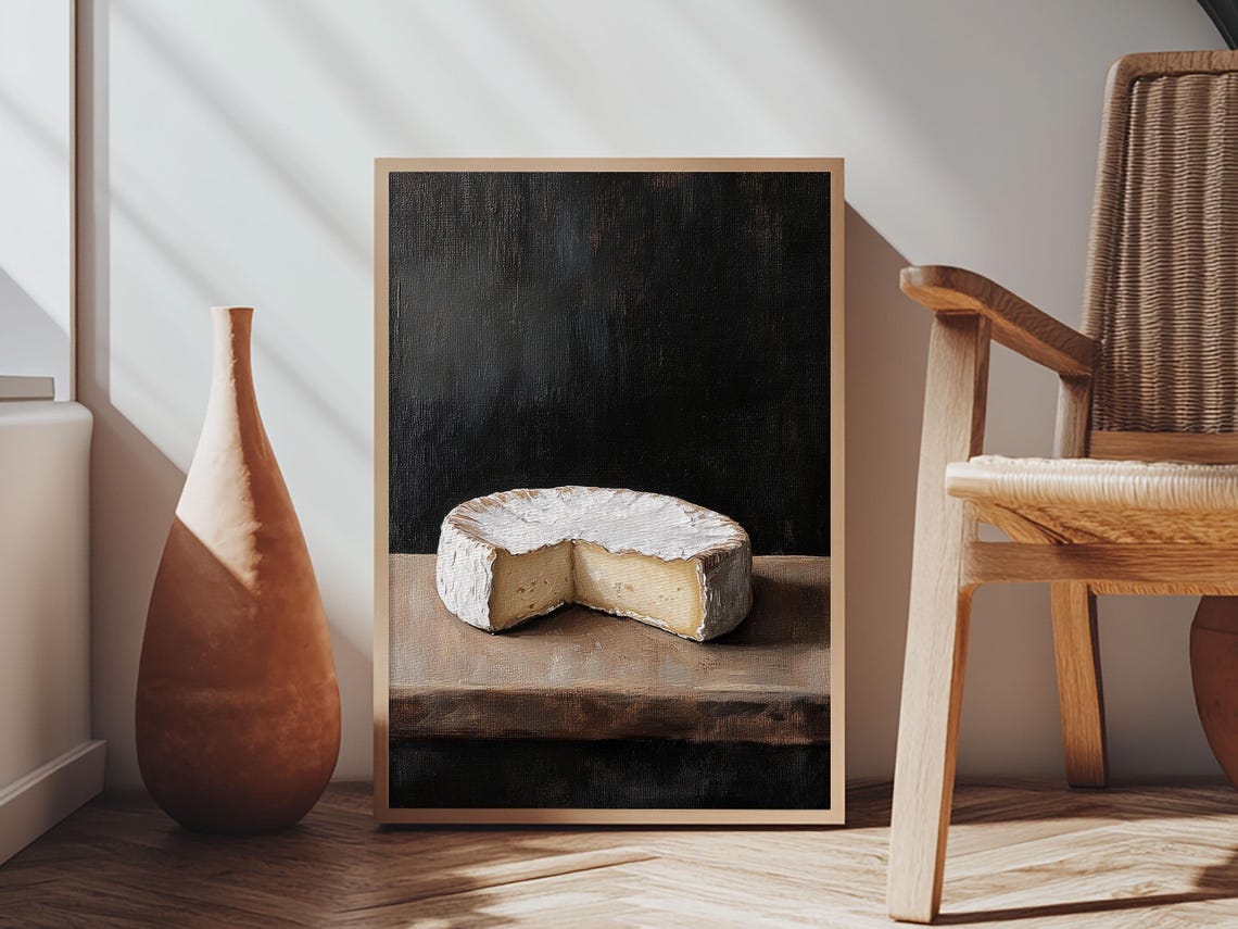 Wheel of Brie Cheese With Cut Wedge Moody Still Life Kitchen Poster