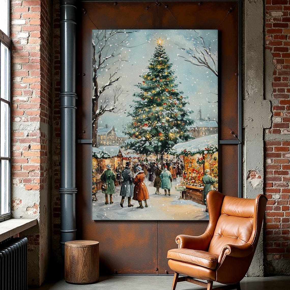 Snowy Christmas Market Tree With Decorated Stalls Night Poster - Image 4