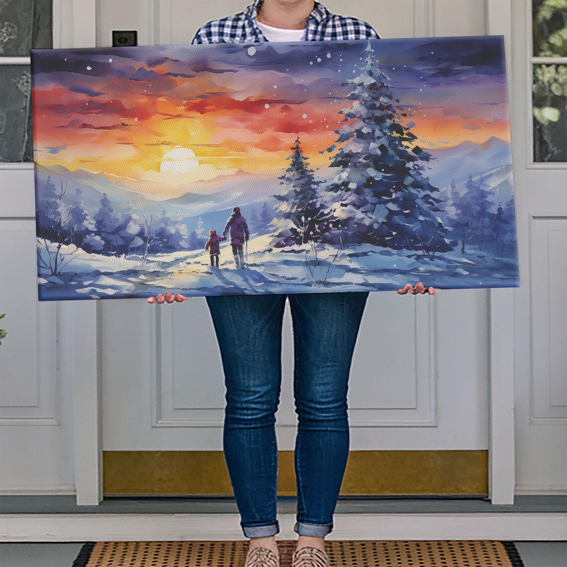 Parent And Child Hiking Through Snowy Pines At Sunset Winter Print - Image 4